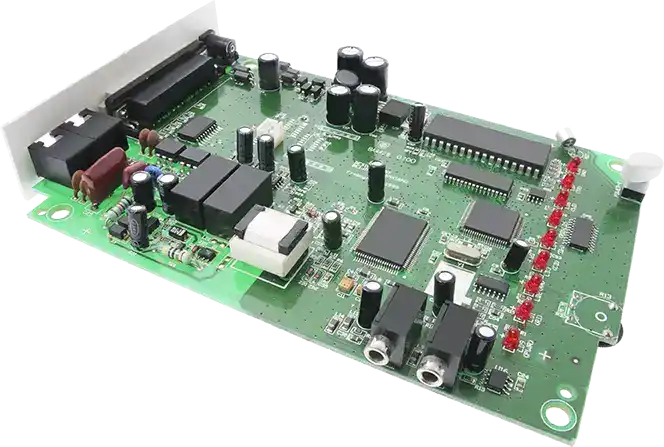Green circuit board with various electronic components and chips.