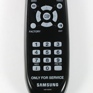 a black remote control with white text