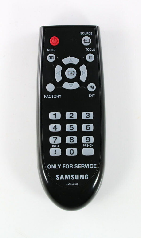 a black remote control with white text